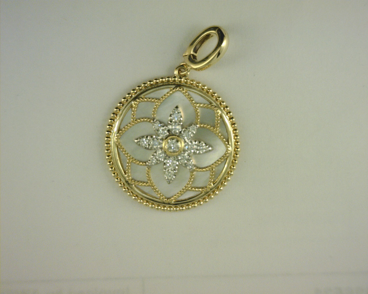 Gabriel NY 14K Yellow Gold Bujukan Diamond and Mother of Pearl Medallion Pendant in size 24mm .35ct S1973132