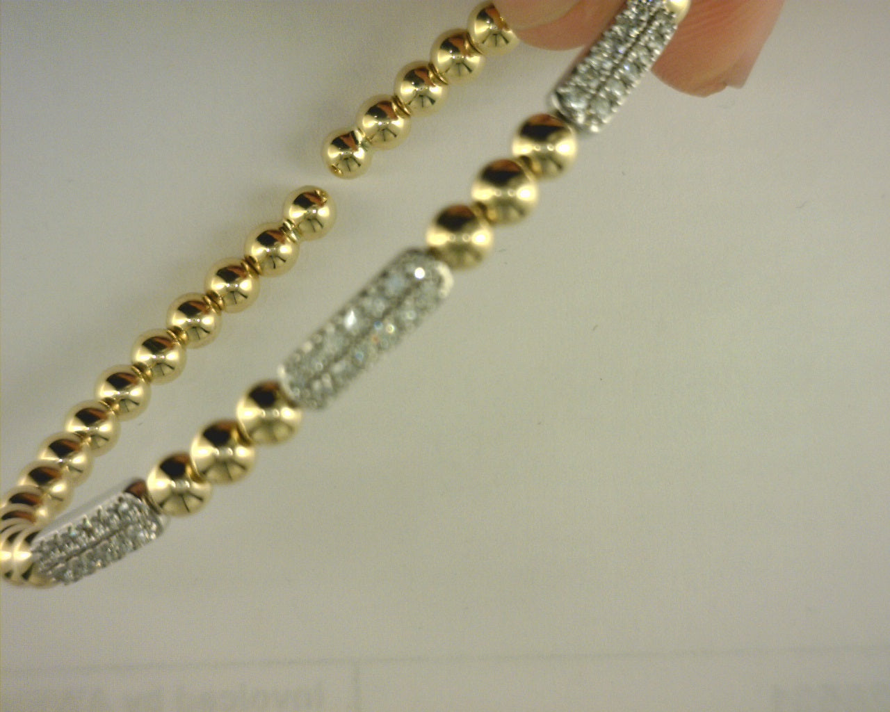 Gabriel NY 14K White and Yellow Gold Diamond Pave Three Station Bar Bujukan Beads Split Bangle Bracelet .52ct S1975406