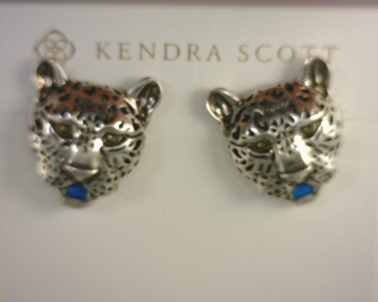 Kendra Scott Maura Jaguar Statement Stud Earrings Vintage Silver Verigated Indigo