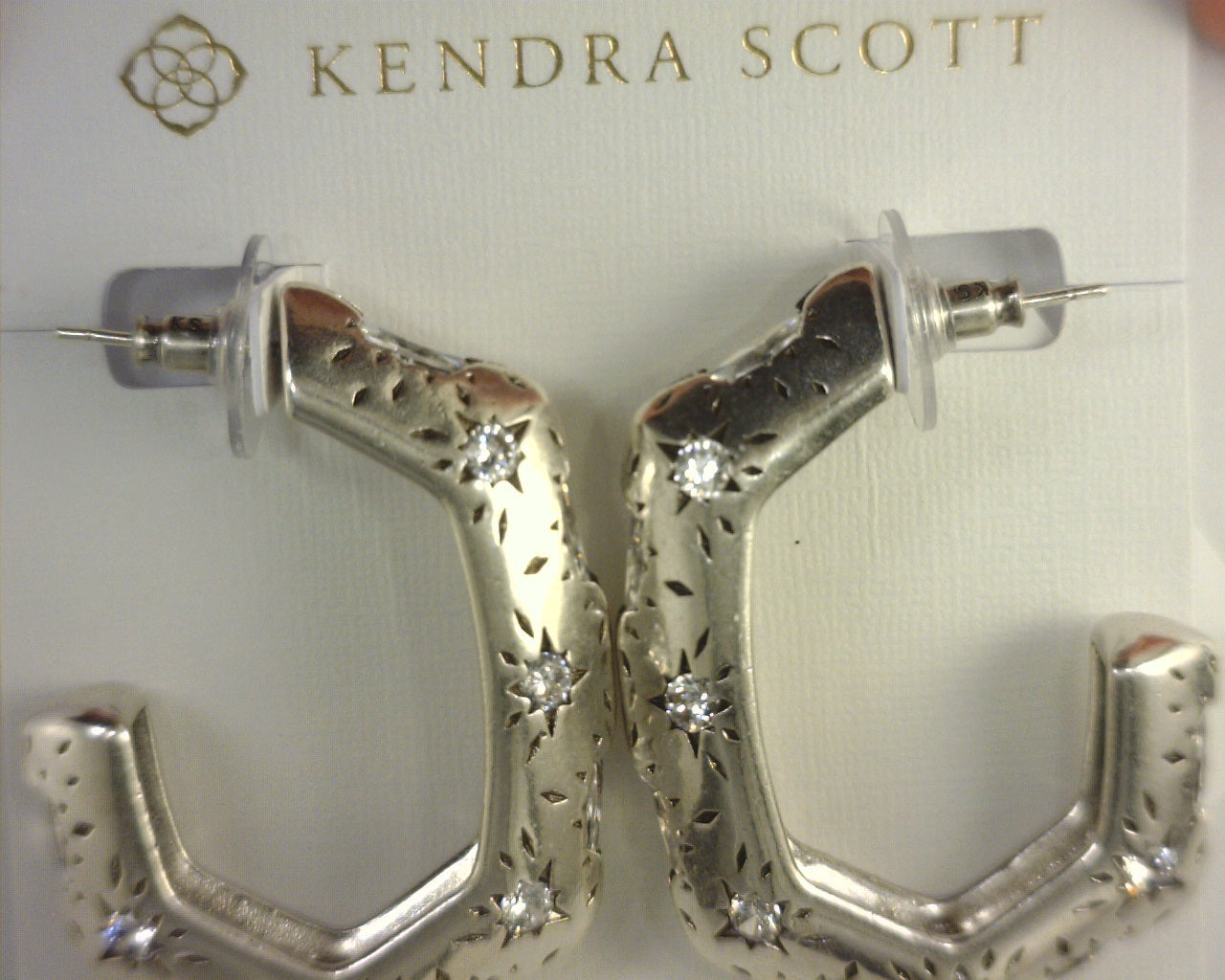Kendra Scott Holland Hoop Earrings Vintage Silver White Crystal
