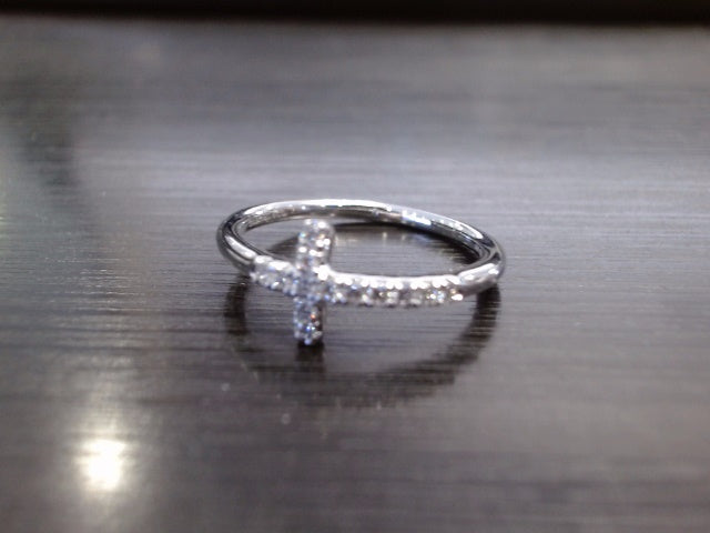 14k White Gold Sideways Diamond Cross Ring