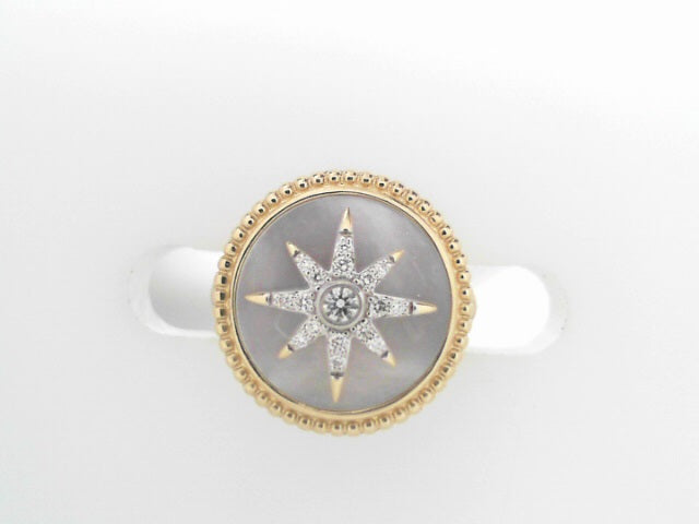 Gabriel NY 14K Yellow Gold Mother of Pearl Inlay and Diamond Starburst Signet Ring .14ctw