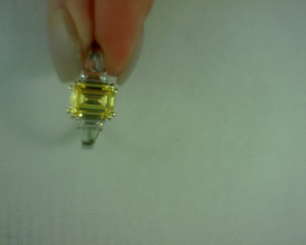 Heera Moti Diamond Semi Mount Ring with baguettes .431 tcw tapered bag 0.35 <br>with 2.01 LAB yellow diamond emerald cut