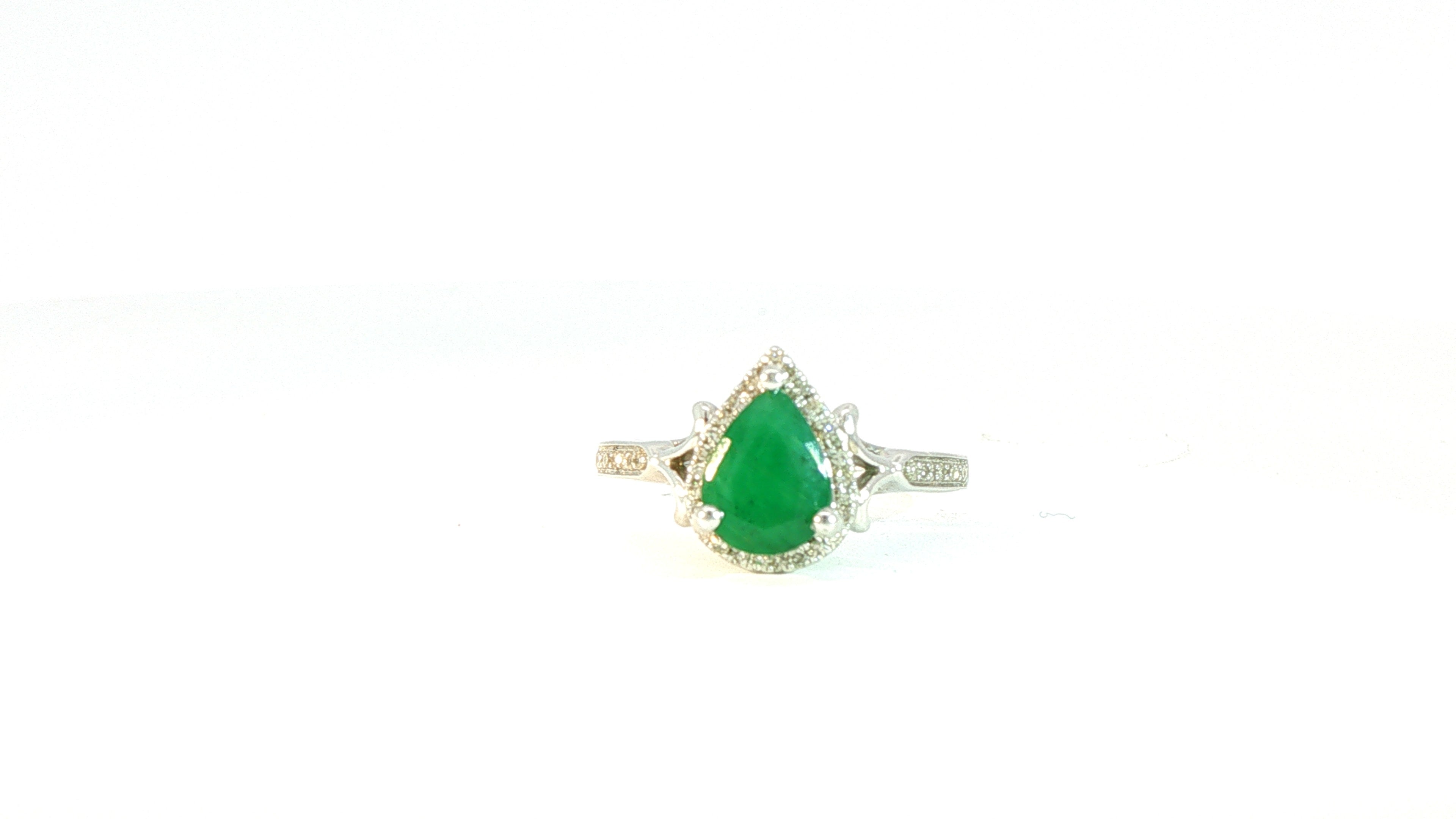 Diamond and Emerald Ring 1.18ct Emerald, .16cts Diamonds 14K White Gold