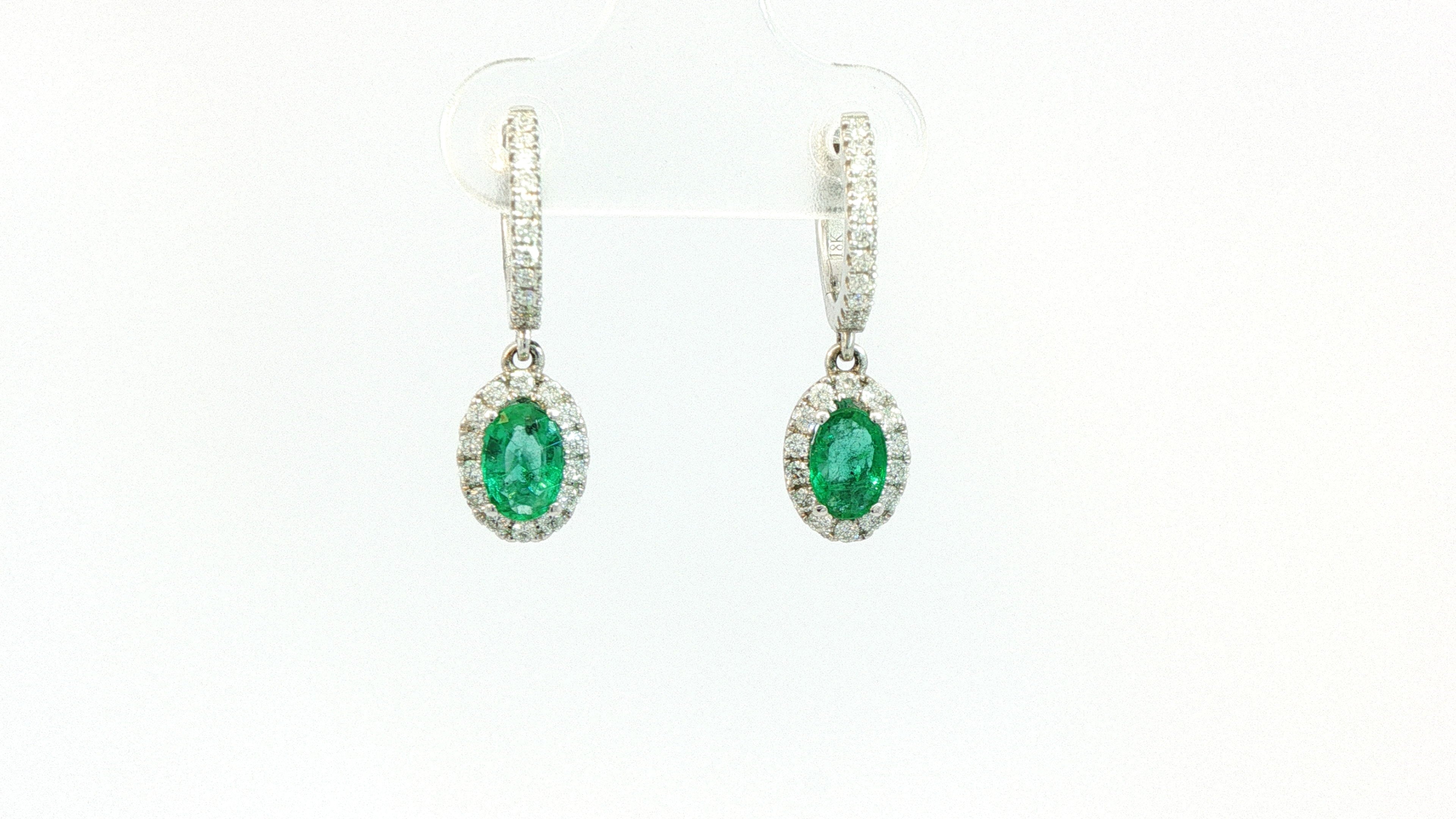 Diamond and Emerald Earrings .48ct Diamonds, .84ct Emeralds 14K White Gold