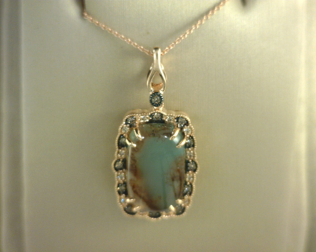 Le Vian® Pendant featuring 6 cts. Peacock Aquaprase™, 1/8 cts. Chocolate Diamonds®, 1/10 cts. Nude Diamonds™ set in 14K Strawberry Gold®