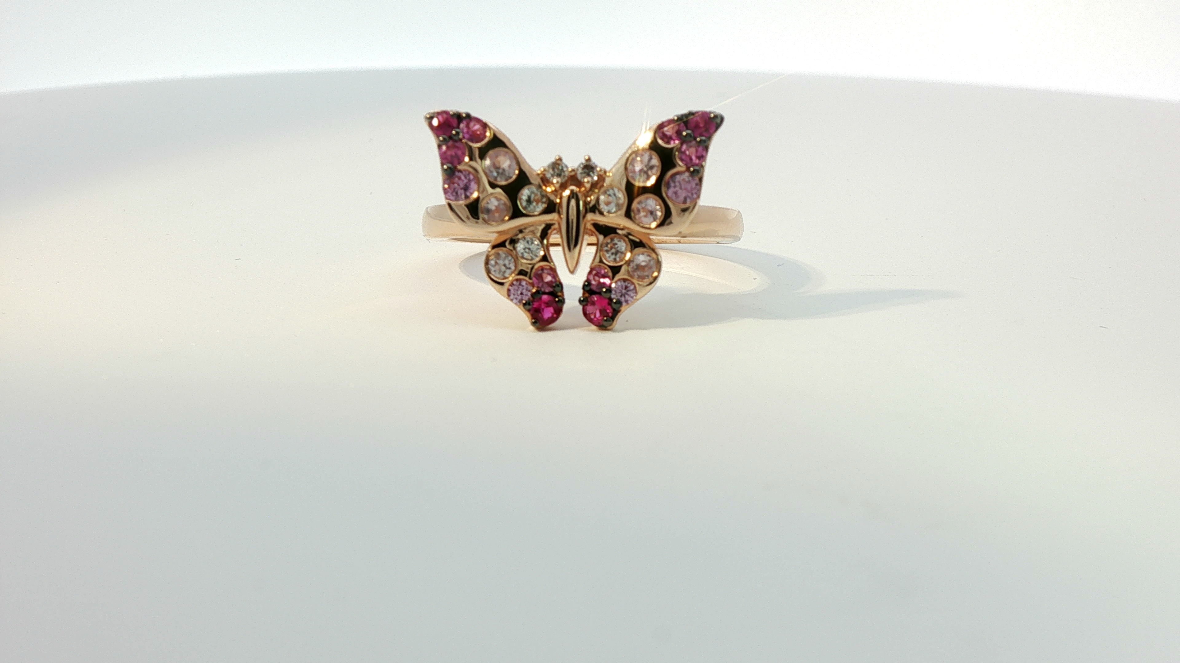 14kt strawberry gold  with 3/8cts strawberry ombre sapphires, 1/15 cts vanilla sapphire nude diamonds