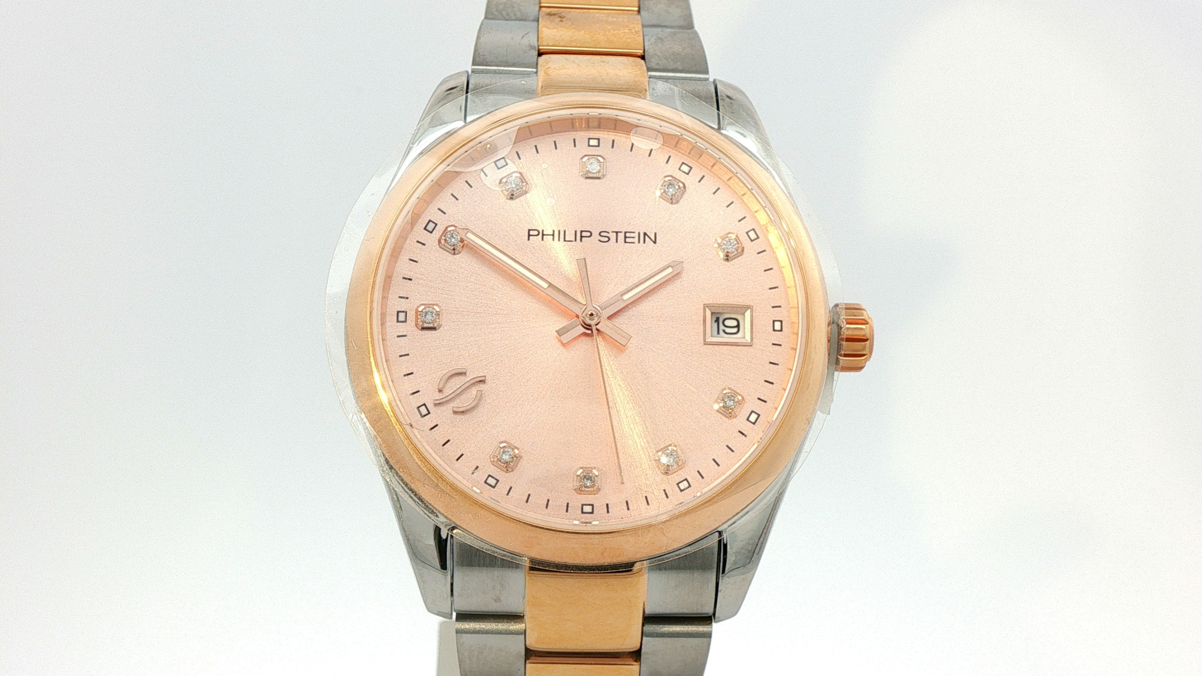 LADIES ROUND TWO TONED ROSE GOLD CASE WITH SALMON SUNRAY DIAL WITH DATE AND DIAMONDS
