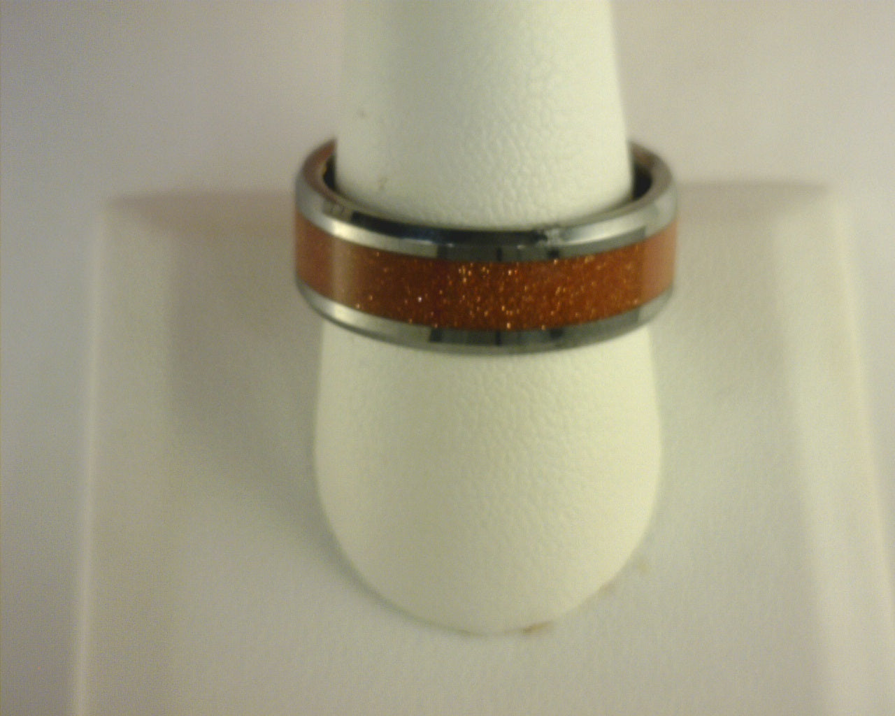 THORSTEN BODHI Men’s Polished Finish Beveled Edges Tungsten Wedding Band with Orange Goldstone Inlay