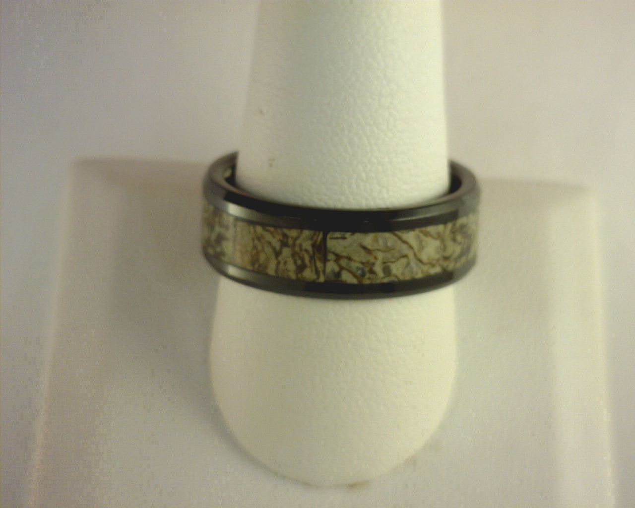 THORSTEN DROGON Light Green Dinosaur Bone Inlaid Black Ceramic Men’s Wedding Band with Polished Beveled Edges