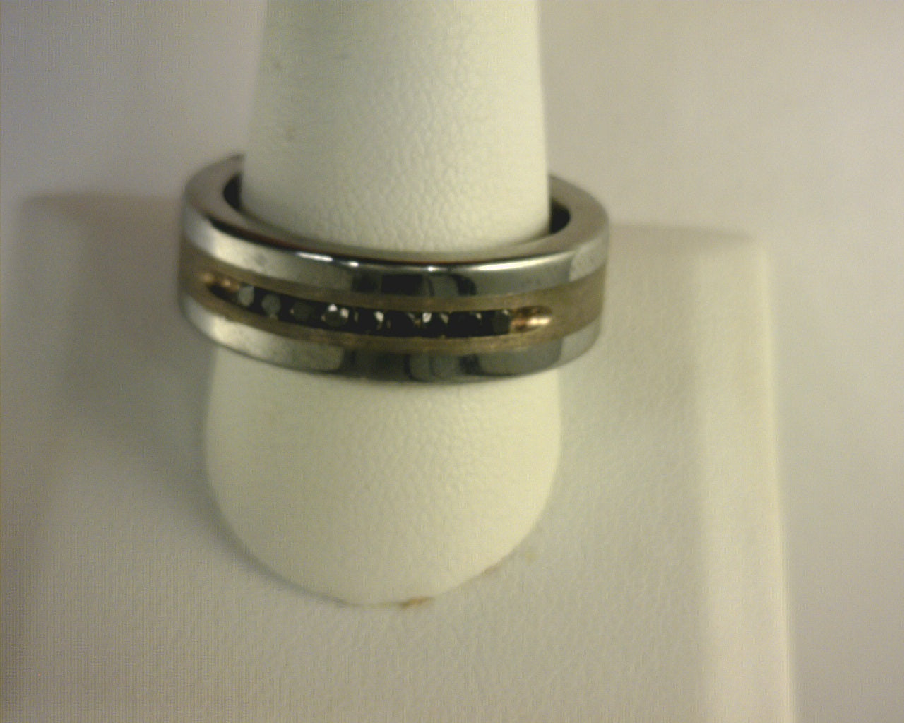 THORSTEN BLACKSTONE Flat Tungsten Wedding Band with Brushed Silver Inlay Center and 9 Channel Set Black Diamonds