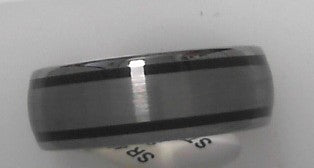 Domed Tungten RIng, Brushed Center 2 Black Lines polished sides 8MM Size 10