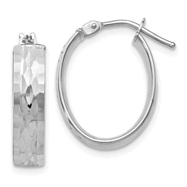 Leslie's 10K with White Rhodium Plating Polished and Diamond-cut Oval Hinged Hoop Earrings