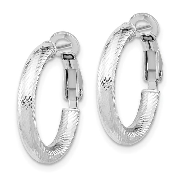 10K 3x15 with White RH Plating D/C Round Omega Back Hoop Earrings - Image 2