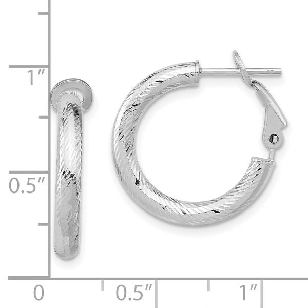 10K 3x15 with White RH Plating D/C Round Omega Back Hoop Earrings - Image 4
