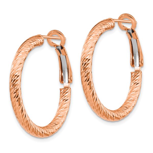 10K 3x20 with Rose Gold Plating D/C Round Omega Back Hoop Earrings - Image 2