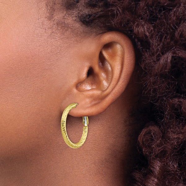 10K 3x20 D/C Round Omega Back Hoop Earrings - Image 3