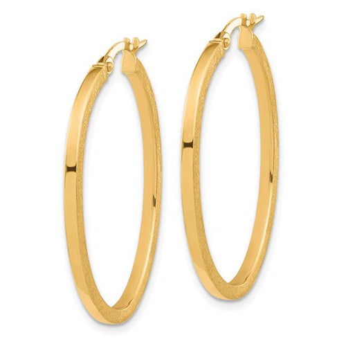 10K Brushed and Polished Oval Hoop Earrings - Image 2