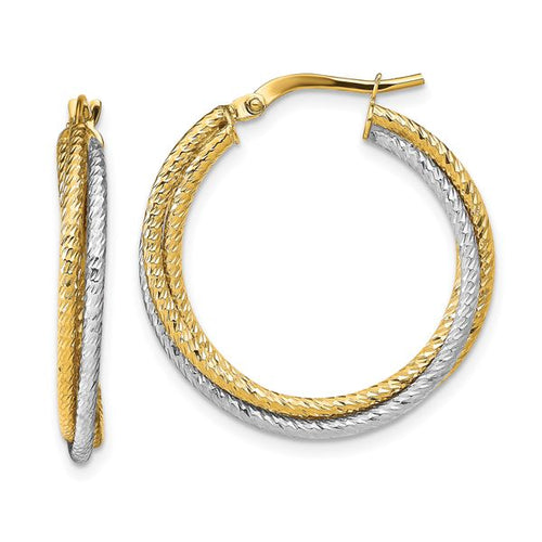10K with Rhodium Polished D/C Hoop Earrings