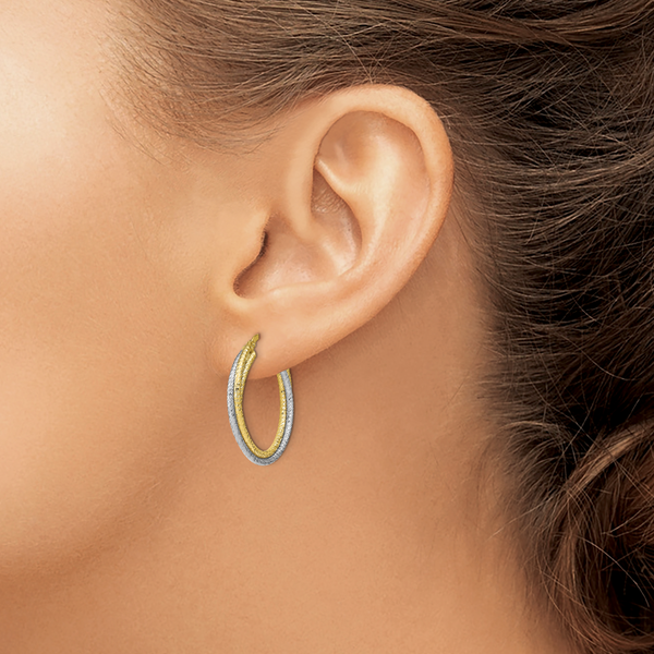 10K with Rhodium Polished D/C Hoop Earrings - Image 3