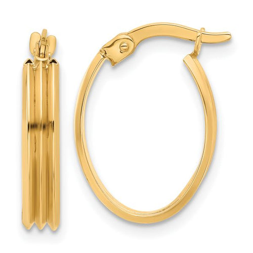 10K Polished and Grooved Oval Hoop Earrings