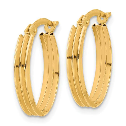 10K Polished and Grooved Oval Hoop Earrings - Image 2