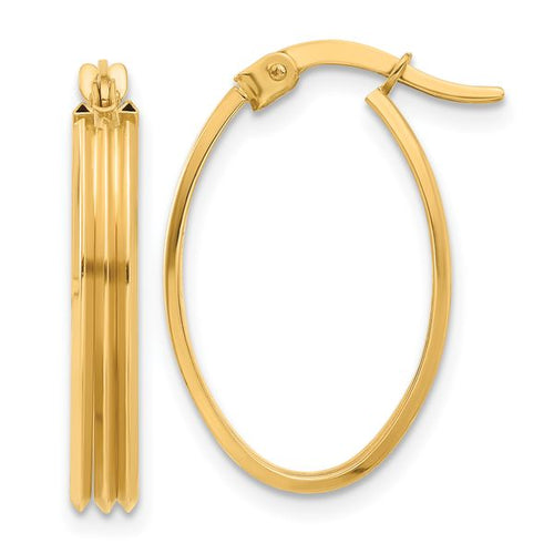 10K Polished and Grooved Oval Hoop Earrings