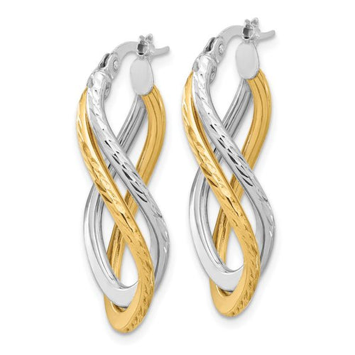 10K with Rhodium Polished and Diamond-cut Twist Hoop Earrings - Image 2