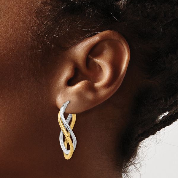 10K with Rhodium Polished and Diamond-cut Twist Hoop Earrings - Image 3