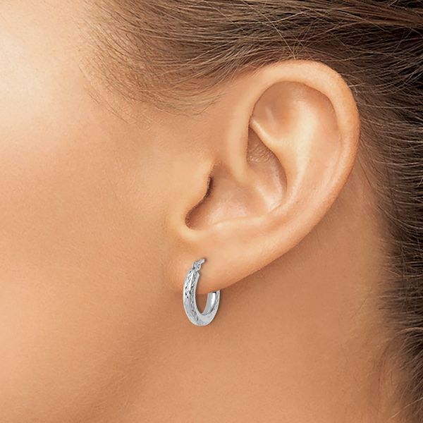 Leslie's 10k White Gold Diamond-cut 3mm Round Hoop Earrings - Image 3
