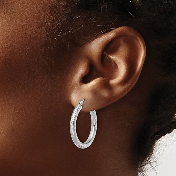 Leslie's 10k White Gold Diamond-cut 3mm Round Hoop Earrings - Image 3