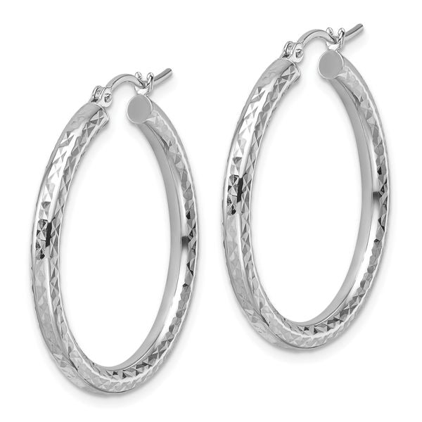 10k White Gold Diamond-cut 3mm Round Hoop Earrings - Image 2