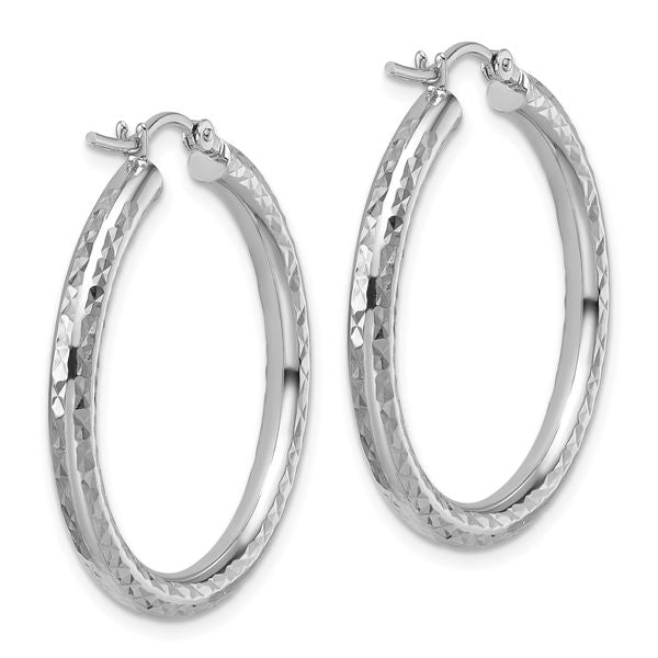 10k White Gold Diamond-cut 3mm Round Hoop Earrings - Image 4