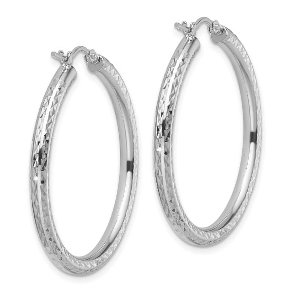 10k White Gold Diamond-cut 3mm Round Hoop Earrings - Image 4