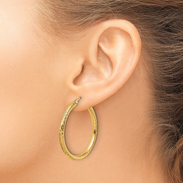 10k Diamond-cut 3mm Round Hoop Earrings - Image 3