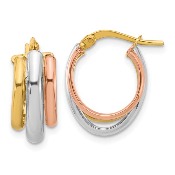 Leslie's 10K with White Rhodium and Rose Gold Plating Polished 3 Row Oval Hoop Earrings