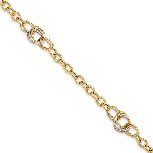 10K Tri-color Polished and Textured Fancy Link Bracelet