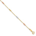 Leslie's 10K Tri-color Polished with D/C Bead 9in Plus 1in. ext. Anklet