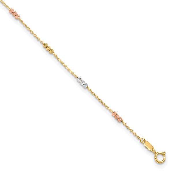 Leslie's 10K Tri-color Polished with D/C Bead 9in Plus 1in. ext. Anklet