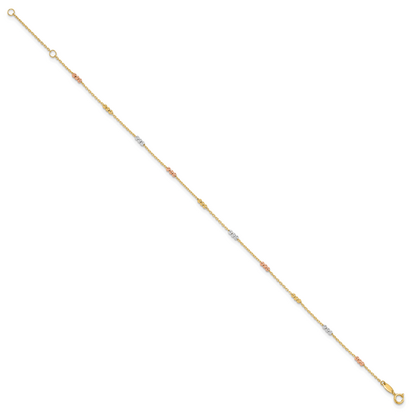 Leslie's 10K Tri-color Polished with D/C Bead 9in Plus 1in. ext. Anklet - Image 2