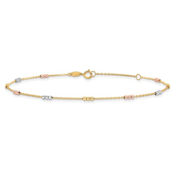 Leslie's 10K Tri-color Polished with D/C Bead 9in Plus 1in. ext. Anklet - Image 3