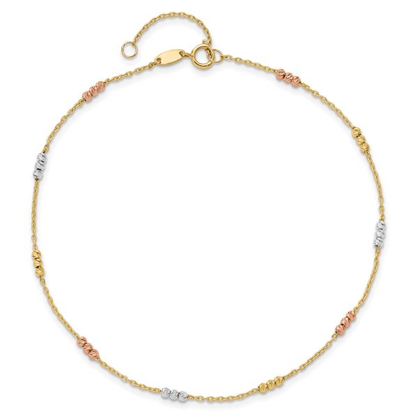 Leslie's 10K Tri-color Polished with D/C Bead 9in Plus 1in. ext. Anklet - Image 4