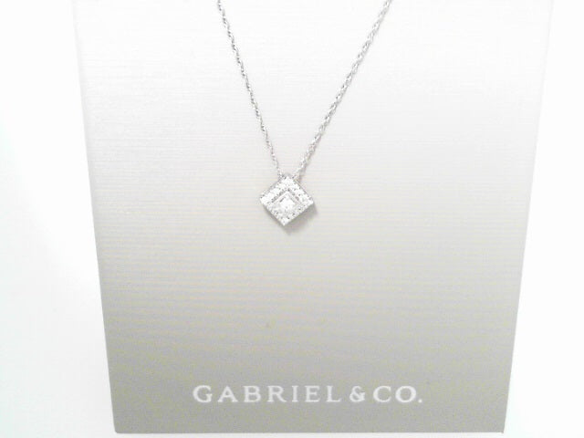 Gabriel NY 14K White Gold Diamond Square Pendant Necklace .11ctw S1541313