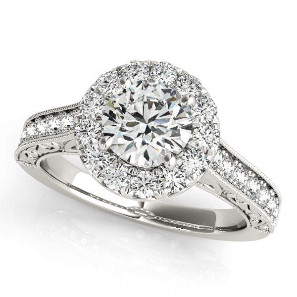 Platinum Engraved Diamond Halo Engagement Ring