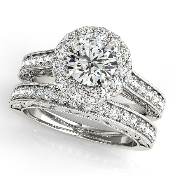 Platinum Engraved Diamond Halo Engagement Ring - Image 3