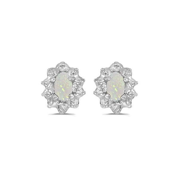10k White Gold Oval Opal And Diamond Earrings