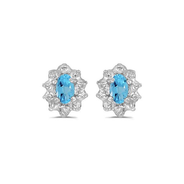 10k White Gold Oval Blue Topaz And Diamond Earrings