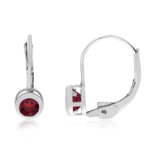 14K White Gold Round Garnet Bezel Lever-back Earrings