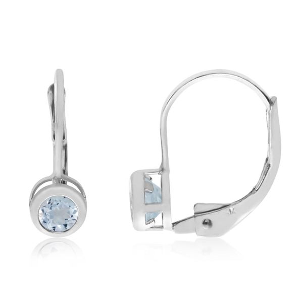 14K White Gold Round Aquamarine Bezel Lever-back Earrings