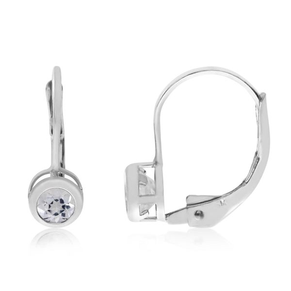 14K White Gold Round White Topaz Bezel Lever-back Earrings